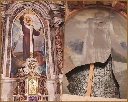 oltar sv.Petra in Kraljeva poslikava na steklu poškodovana v potresu